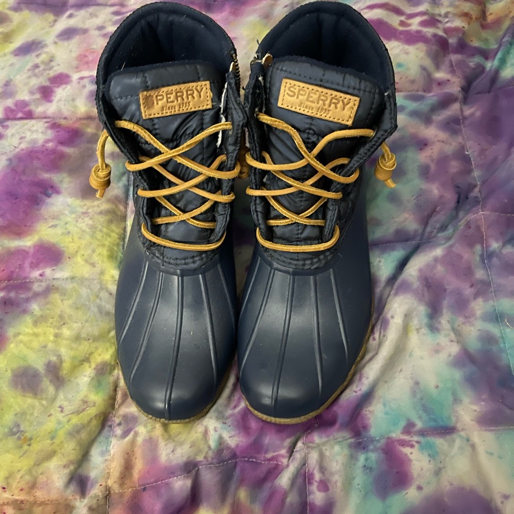Sperry Blue Duck Boots with Mustard Laces